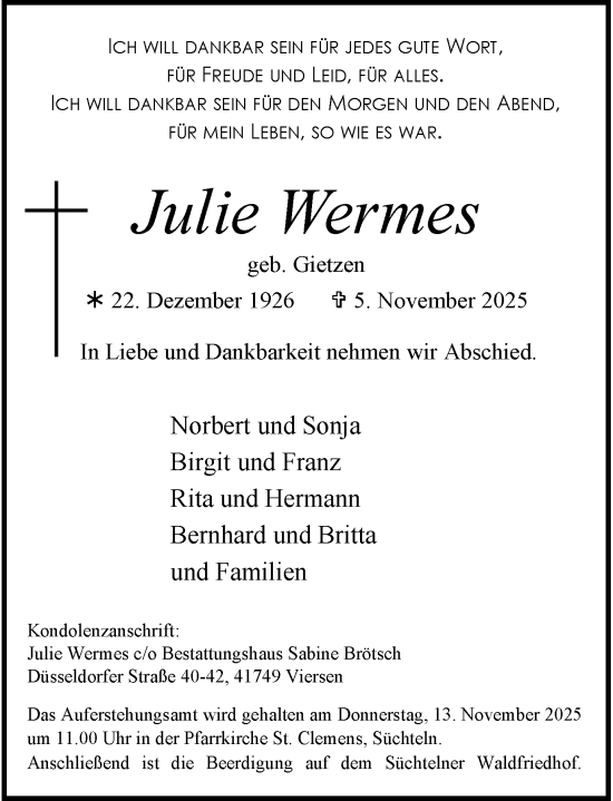 Traueranzeige von Julie Wermes von Rheinische Post