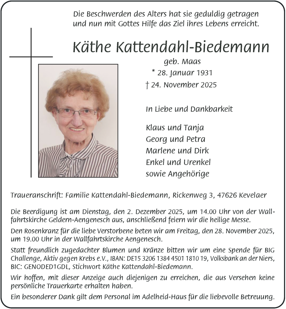  Traueranzeige für Käthe Kattendahl-Biedemann vom 27.11.2025 aus Rheinische Post