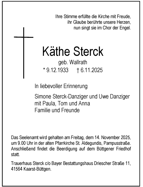 Traueranzeige von Käthe Sterck von Rheinische Post