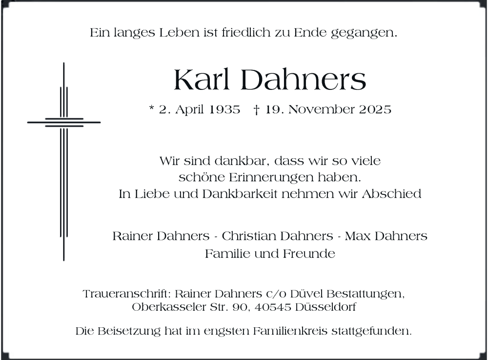  Traueranzeige für Karl Dahners vom 29.11.2025 aus Rheinische Post