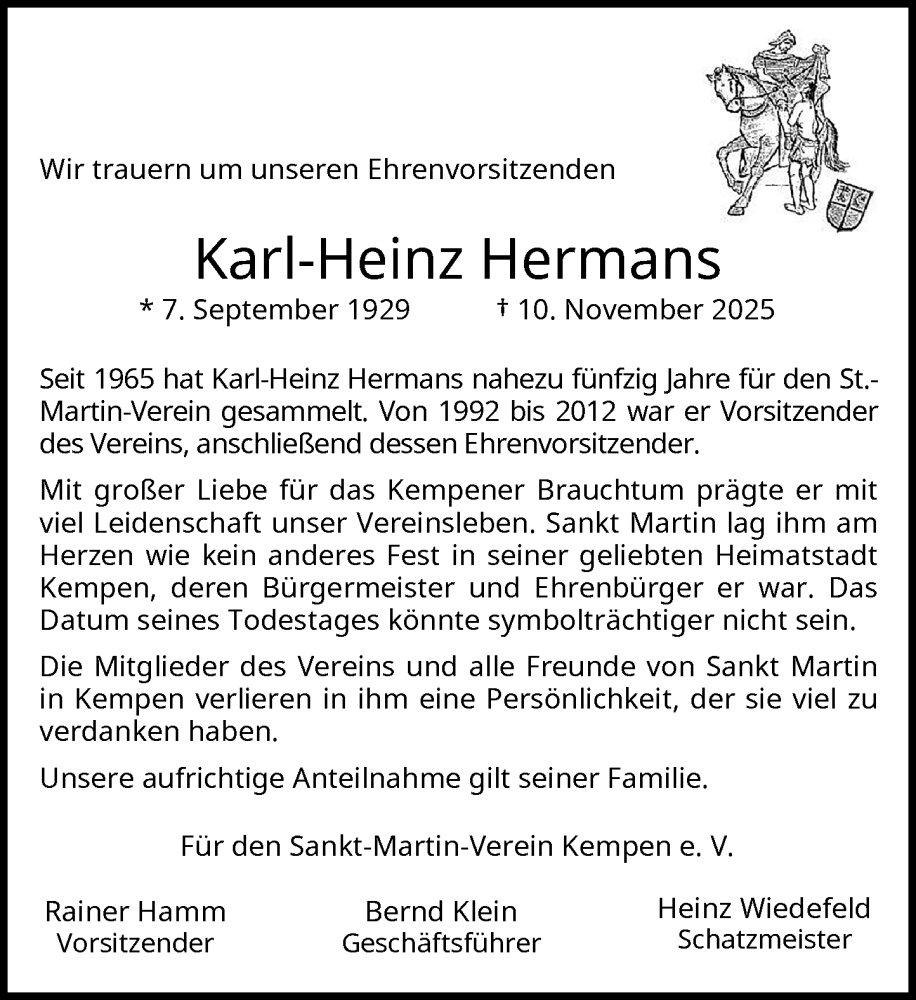  Traueranzeige für Karl-Heinz Hermans vom 15.11.2025 aus Rheinische Post