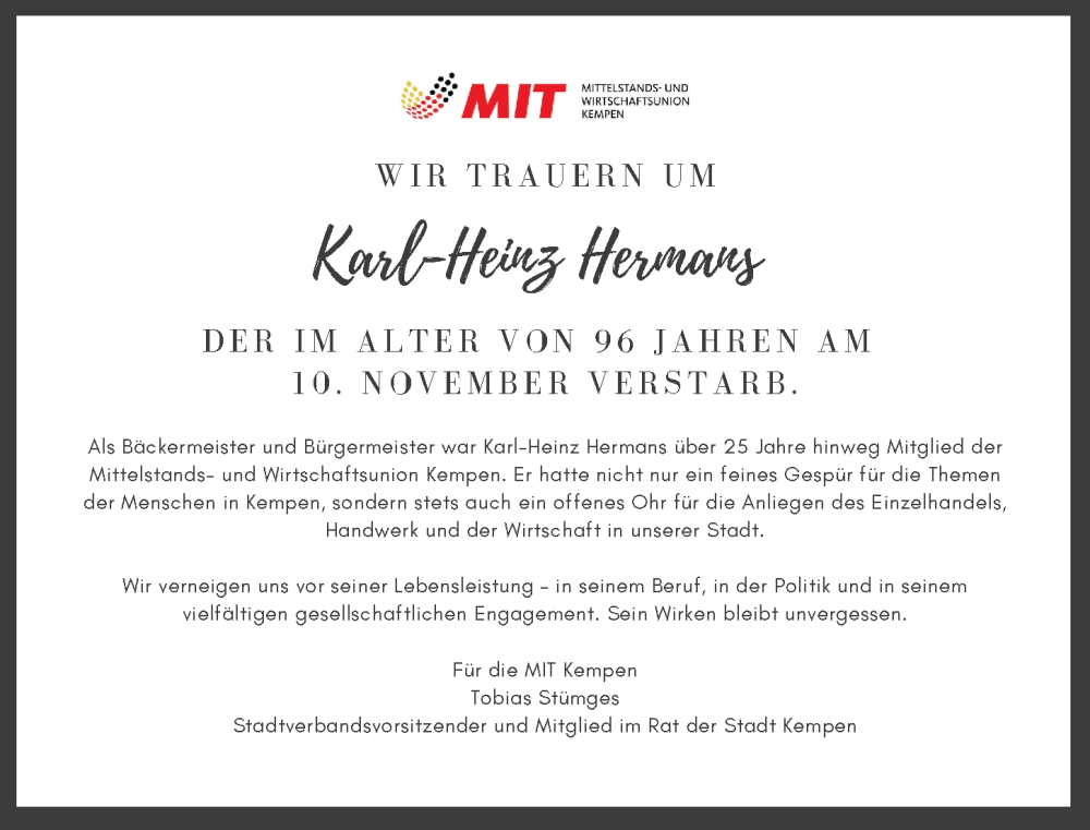  Traueranzeige für Karl-Heinz Hermans vom 18.11.2025 aus Rheinische Post