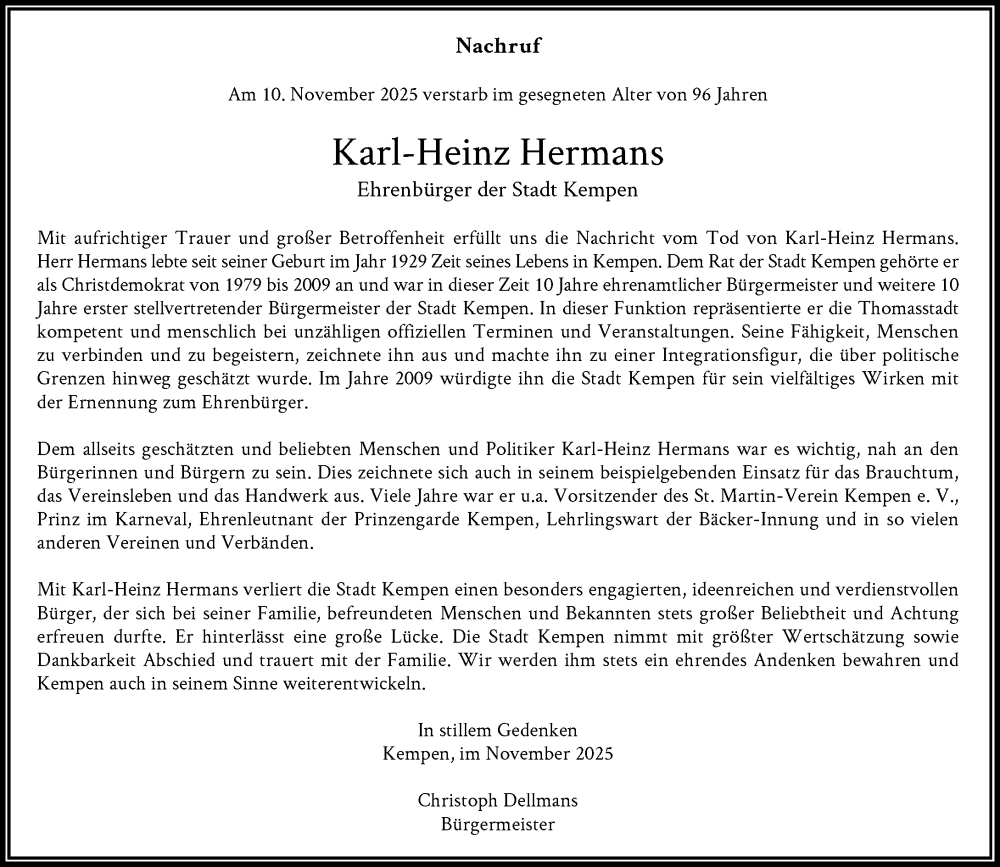  Traueranzeige für Karl-Heinz Hermans vom 15.11.2025 aus Rheinische Post