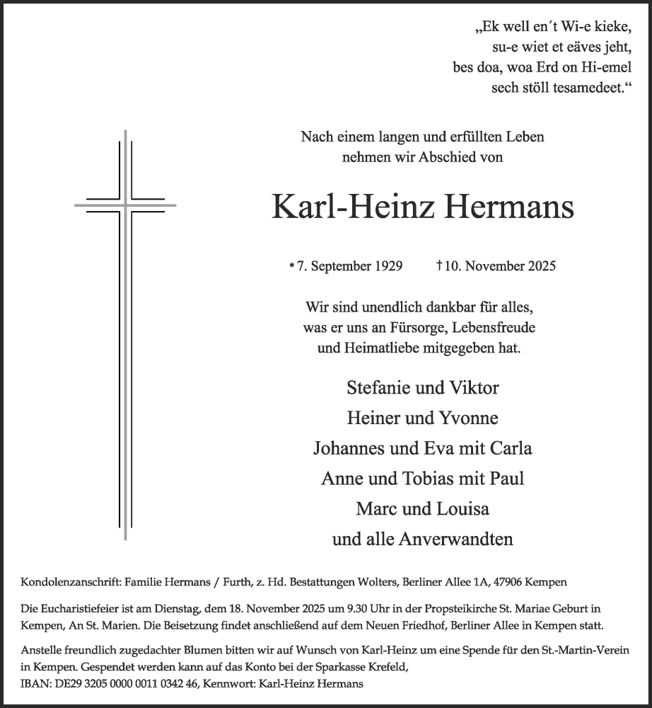  Traueranzeige für Karl-Heinz Hermans vom 15.11.2025 aus Rheinische Post