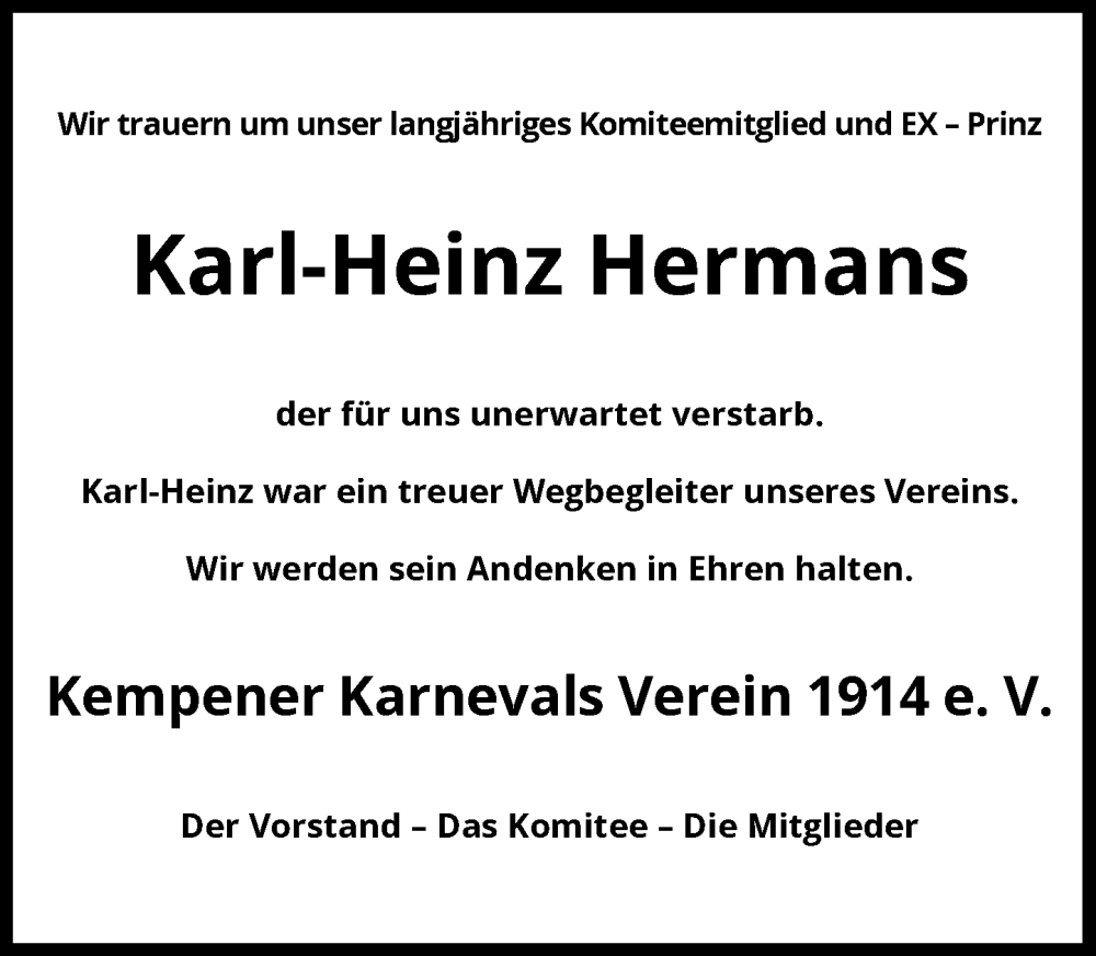  Traueranzeige für Karl-Heinz Hermans vom 15.11.2025 aus Rheinische Post