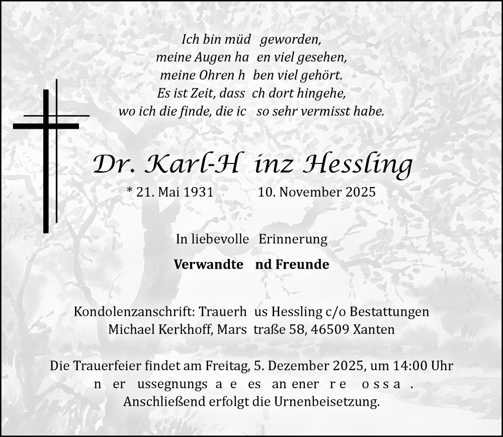  Traueranzeige für Karl-Heinz Hessling vom 22.11.2025 aus Rheinische Post