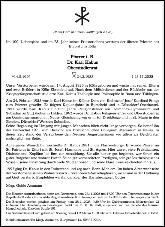 Traueranzeige von Karl Kabus von Rheinische Post