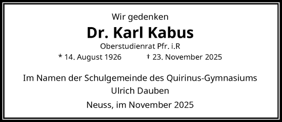 Traueranzeige von Karl Kabus von Rheinische Post