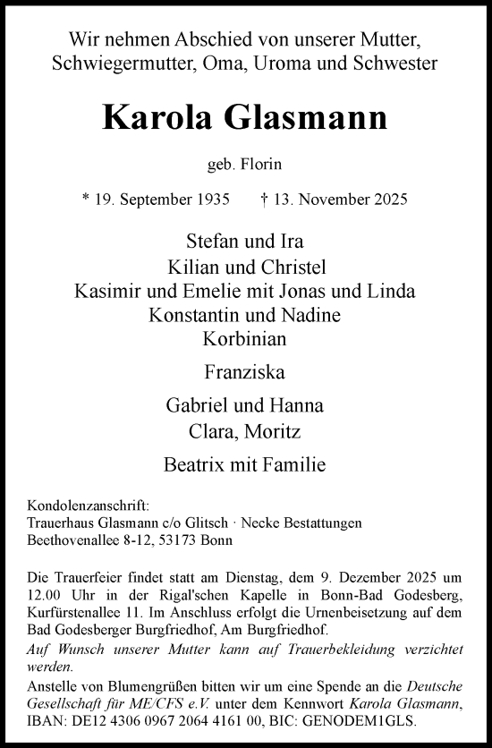 Traueranzeige von Karola Glasmann von Rheinische Post