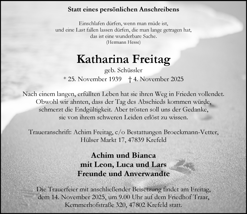  Traueranzeige für Katharina Freitag vom 08.11.2025 aus Rheinische Post