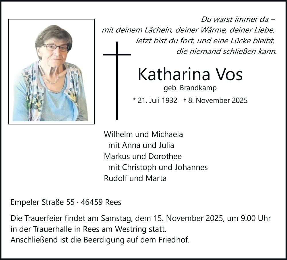  Traueranzeige für Katharina Vos vom 12.11.2025 aus Rheinische Post