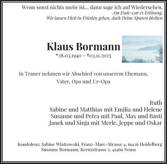 Traueranzeige von Klaus Bormann von Rheinische Post