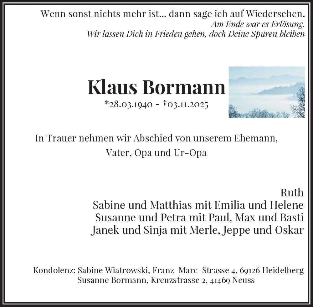 Traueranzeige für Klaus Bormann vom 15.11.2025 aus Rheinische Post