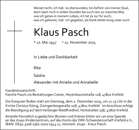 Traueranzeige von Klaus Pasch von Rheinische Post