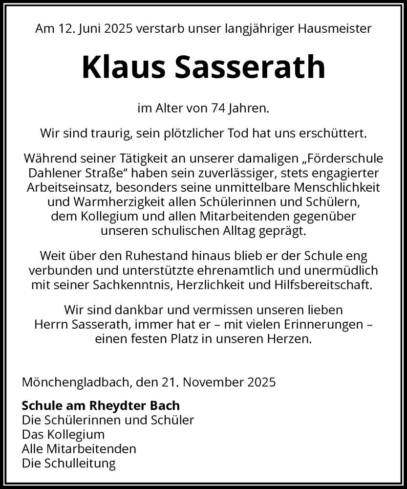  Traueranzeige für Klaus Sasserath vom 22.11.2025 aus Rheinische Post