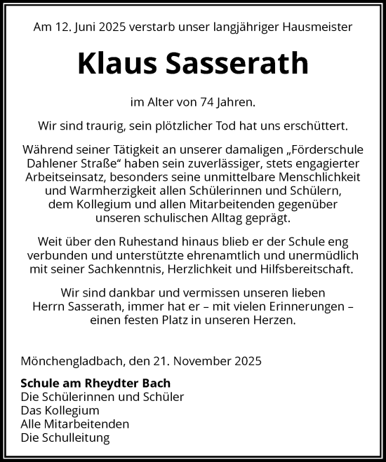 Traueranzeige von Klaus Sasserath von Rheinische Post