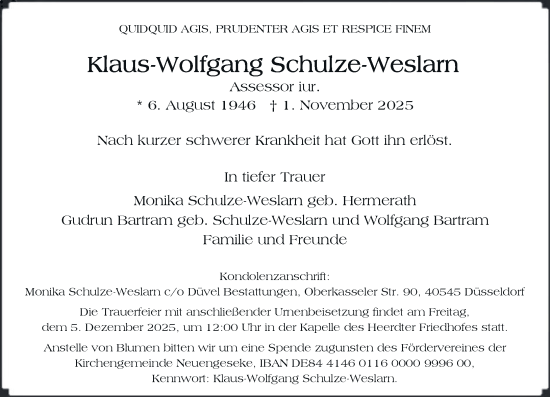 Traueranzeige von Klaus-Wolfgang Schulze-Weslarn von Rheinische Post