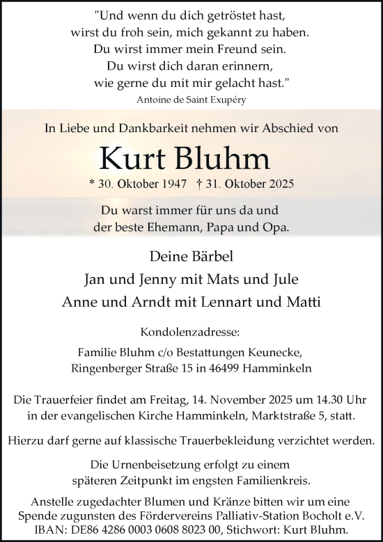Traueranzeige von Kurt Bluhm von Rheinische Post