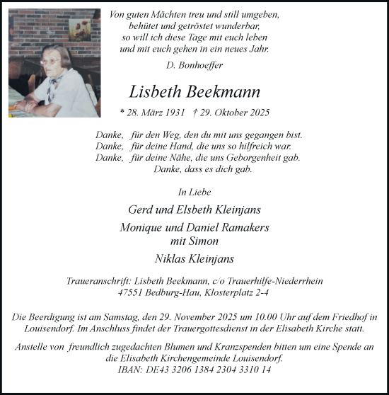 Traueranzeige von Lisbeth Beekmann von Rheinische Post