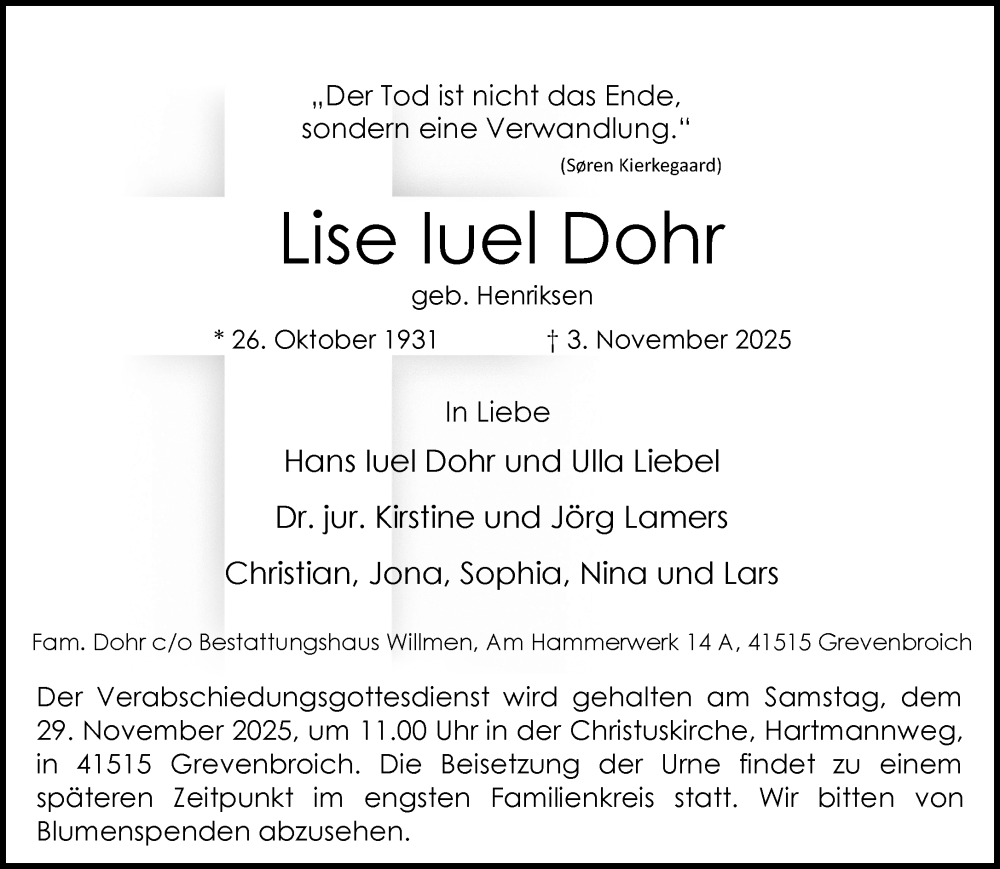  Traueranzeige für Lise Iuel Dohr vom 22.11.2025 aus Rheinische Post