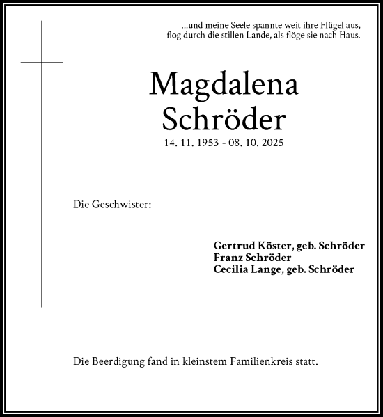 Traueranzeige von Magdalena Schröder von Rheinische Post