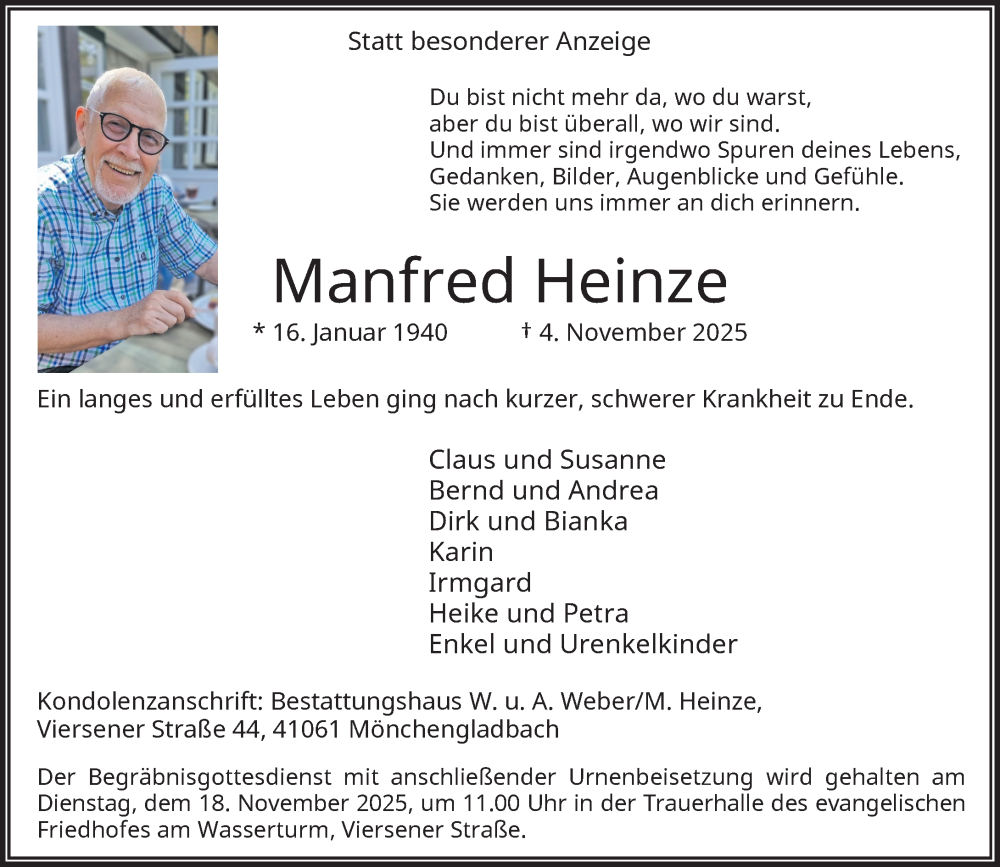  Traueranzeige für Manfred Heinze vom 08.11.2025 aus Rheinische Post