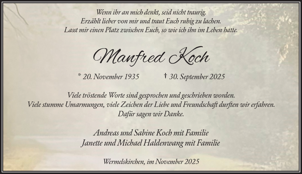  Traueranzeige für Manfred Koch vom 22.11.2025 aus Rheinische Post