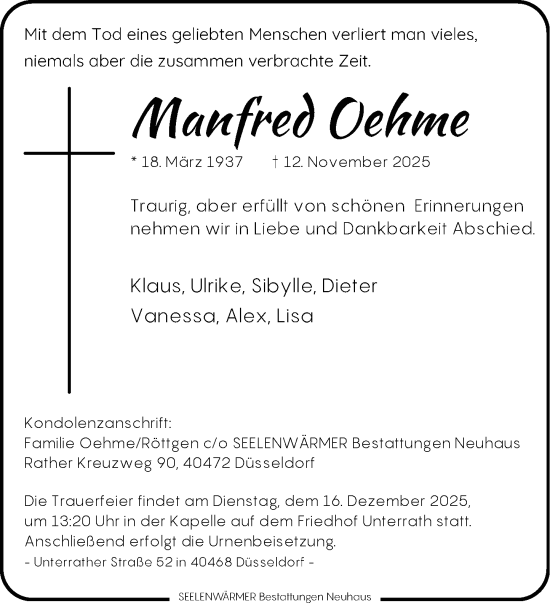 Traueranzeige von Manfred Oehme von Rheinische Post