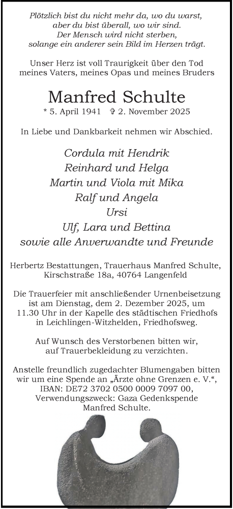  Traueranzeige für Manfred Schulte vom 22.11.2025 aus Rheinische Post