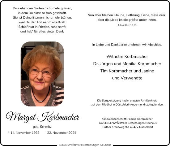 Traueranzeige von Margot Korbmacher von Rheinische Post