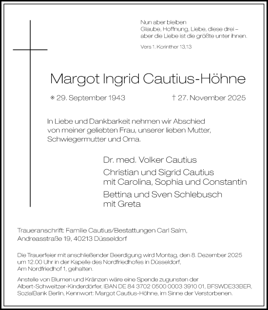 Traueranzeige von Margot Ingrid Cautius-Höhne von Rheinische Post