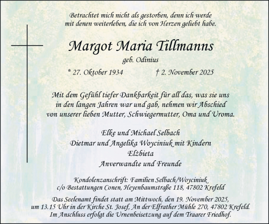 Traueranzeige von Margot Maria Tillmanns von Rheinische Post