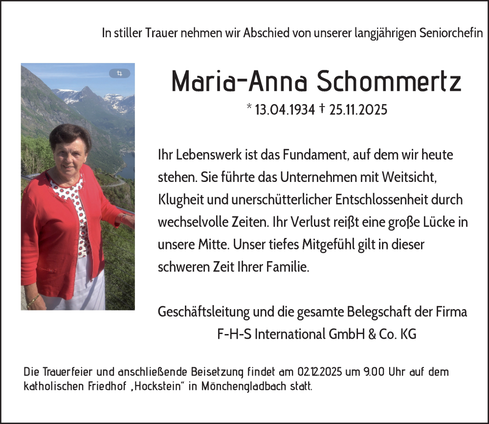  Traueranzeige für Maria-Anna Schommertz vom 29.11.2025 aus Rheinische Post