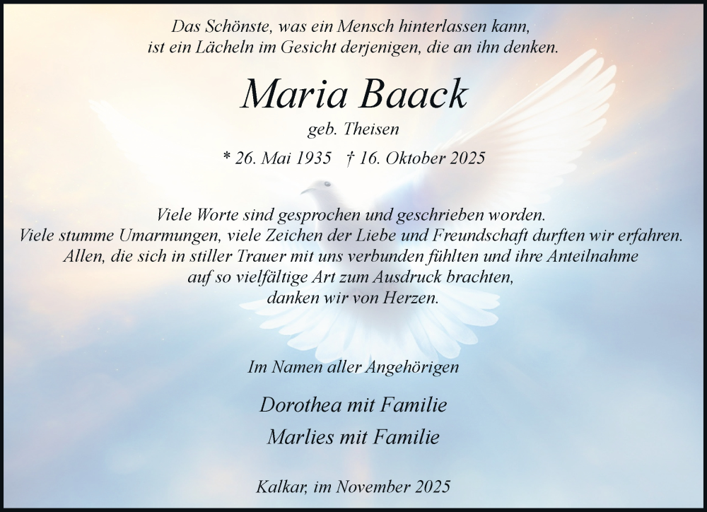  Traueranzeige für Maria Baack vom 15.11.2025 aus Rheinische Post