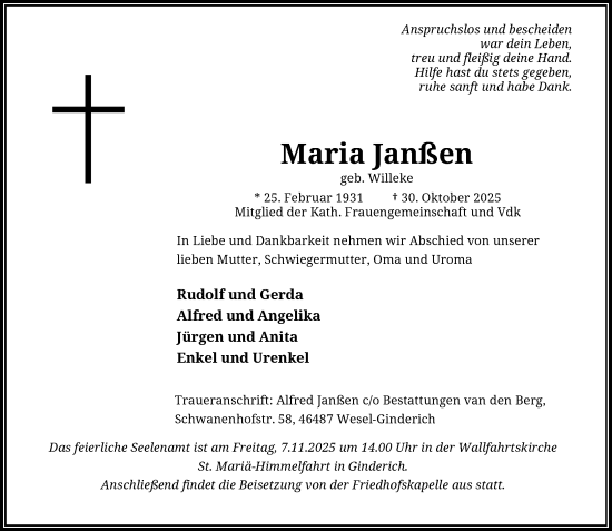 Traueranzeige von Maria Janßen von Rheinische Post