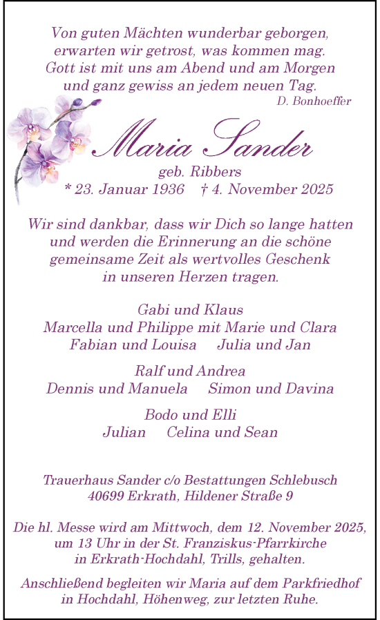 Traueranzeige von Maria Sander von Rheinische Post
