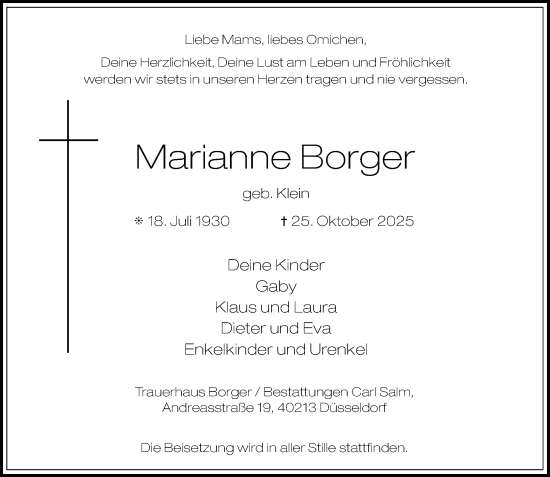 Traueranzeige von Marianne Borger von Rheinische Post