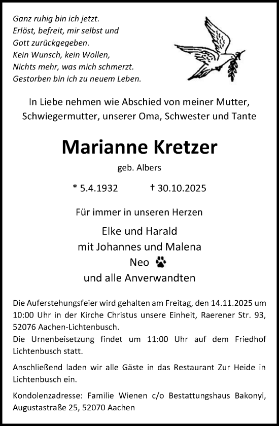 Traueranzeige von Marianne Kretzer von Rheinische Post