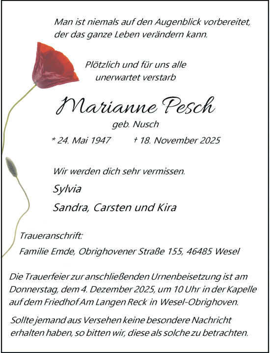 Traueranzeige von Marianne Pesch von Rheinische Post