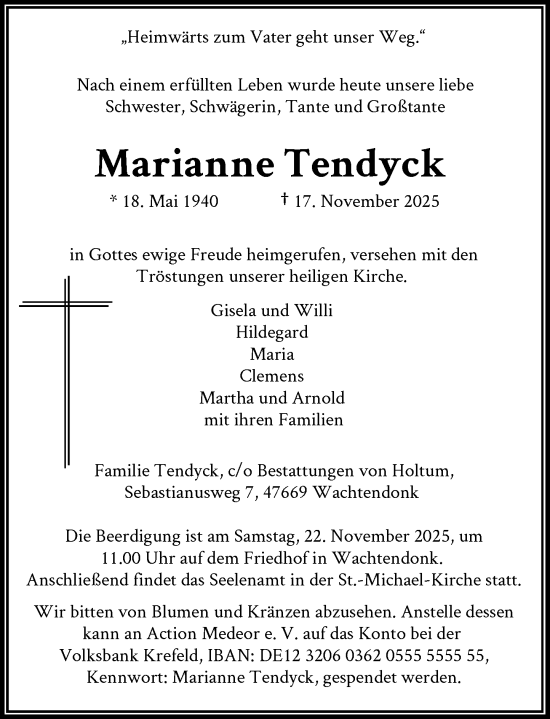 Traueranzeige von Marianne Tendyck von Rheinische Post