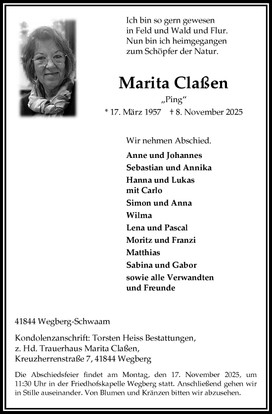 Traueranzeige von Marita Claßen von Rheinische Post