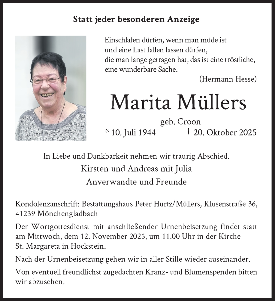  Traueranzeige für Marita Müllers vom 08.11.2025 aus Rheinische Post