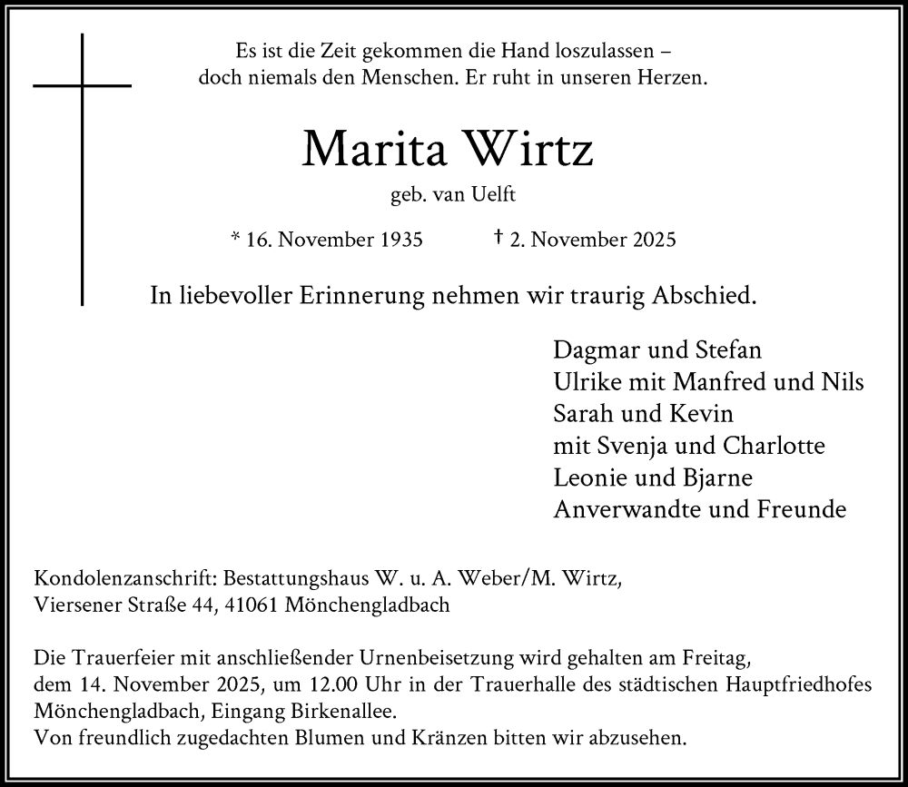  Traueranzeige für Marita Wirtz vom 08.11.2025 aus Rheinische Post