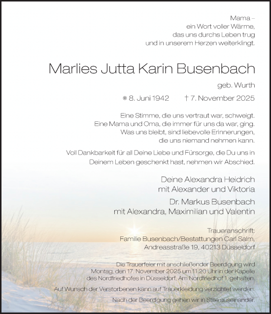 Traueranzeige von Marlies Jutta Karin Busenbach von Rheinische Post