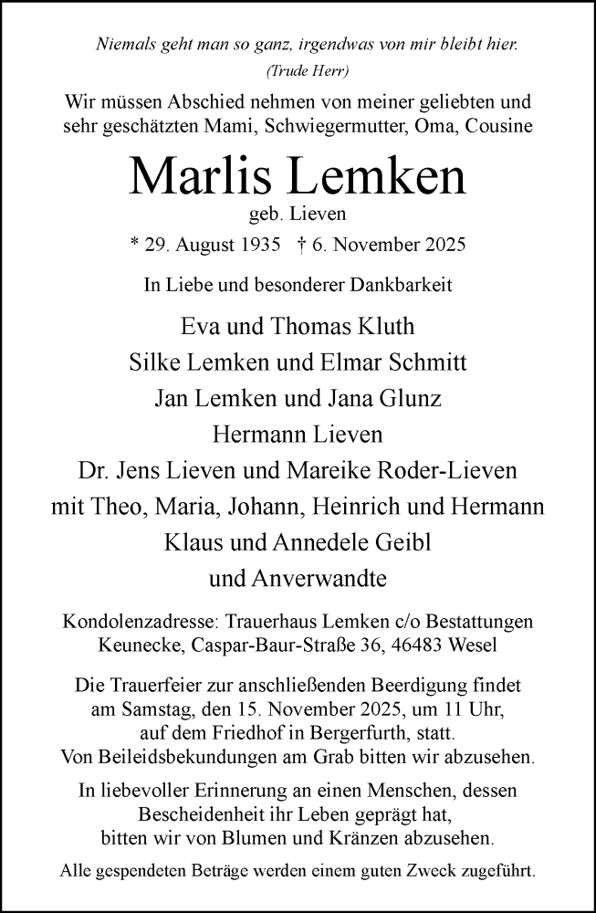  Traueranzeige für Marlis Lemken vom 15.11.2025 aus Rheinische Post