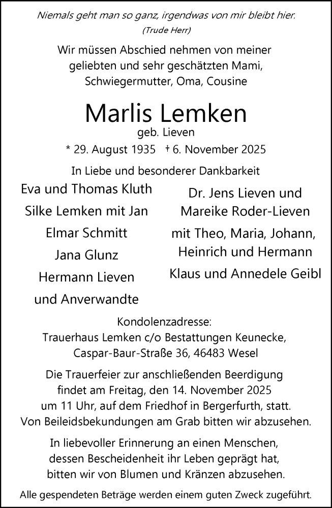  Traueranzeige für Marlis Lemken vom 13.11.2025 aus Rheinische Post