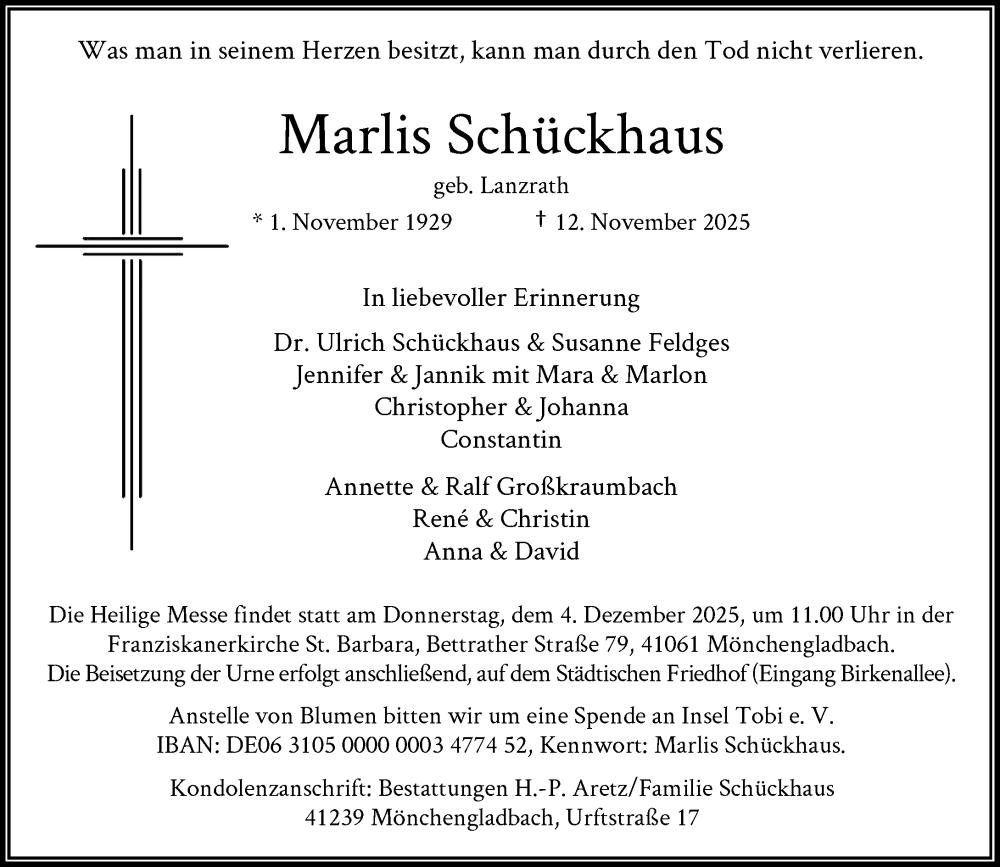  Traueranzeige für Marlis Schückhaus vom 22.11.2025 aus Rheinische Post