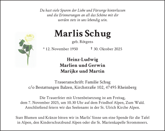 Traueranzeige von Marlis Schug von Rheinische Post