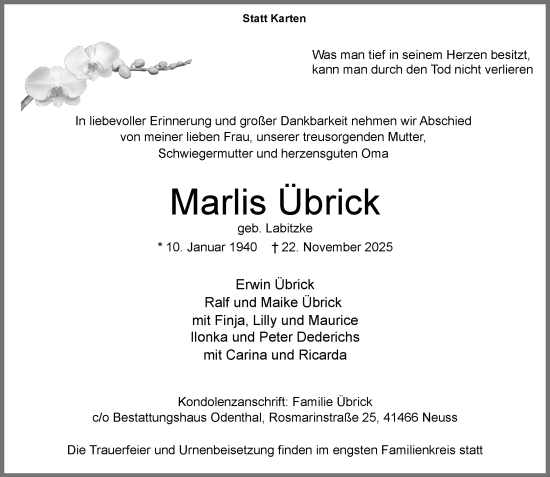 Traueranzeige von Marlis Übrick von Rheinische Post