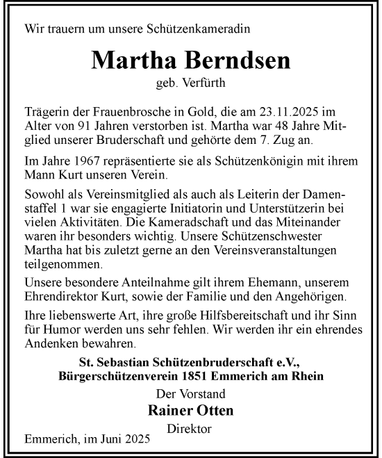 Traueranzeige von Martha Berndsen von Rheinische Post